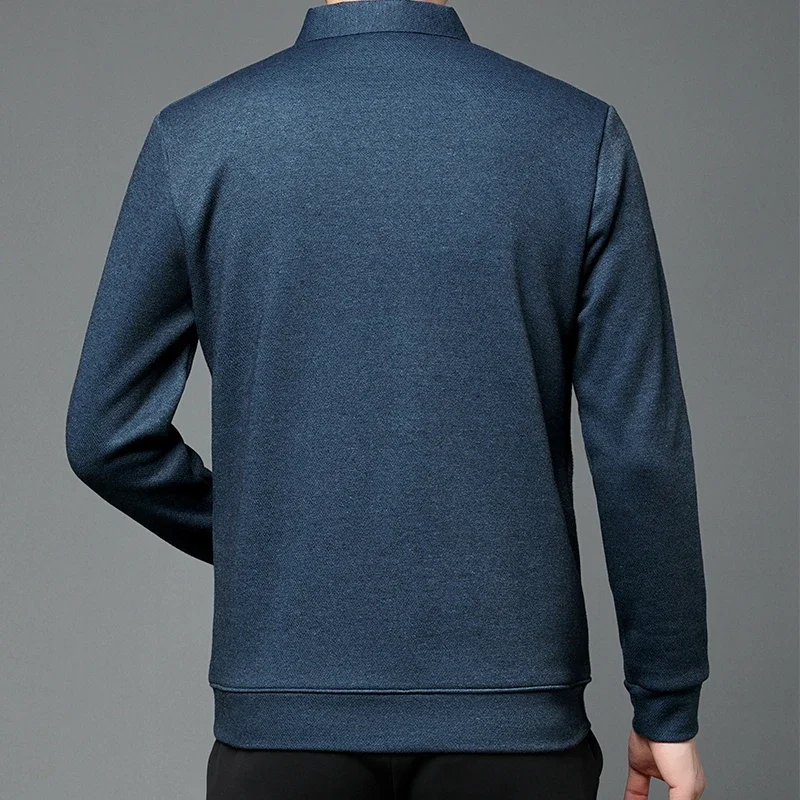 T-Shirt a maniche lunghe con risvolto da uomo invernale con peluche e calore addensato, camicia a due pezzi finta, maglione con colletto, camicia a maglia