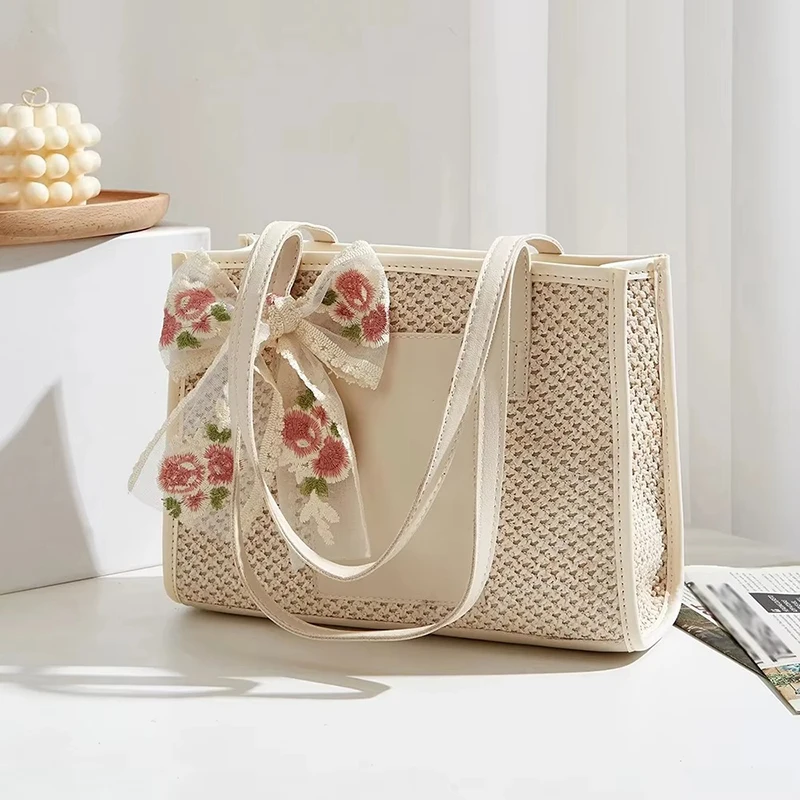 

Straw Tote Bag for Women Elegant Silk Scarf Shoulder Bags Women's Summer Large Capacity Beach Handbags
