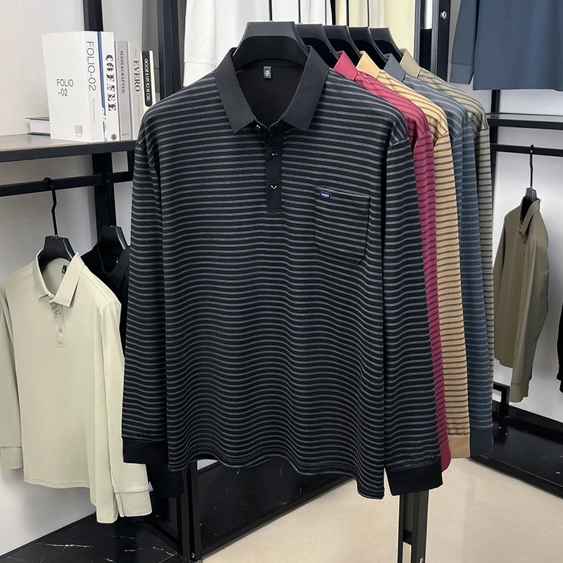 Herren-Polohemd mit langen Ärmeln und Brusttasche, gestreift, lässiger Business-Look, Herbst, Alltag, weich, atmungsaktiv, Herrenbekleidung. – Detail 11