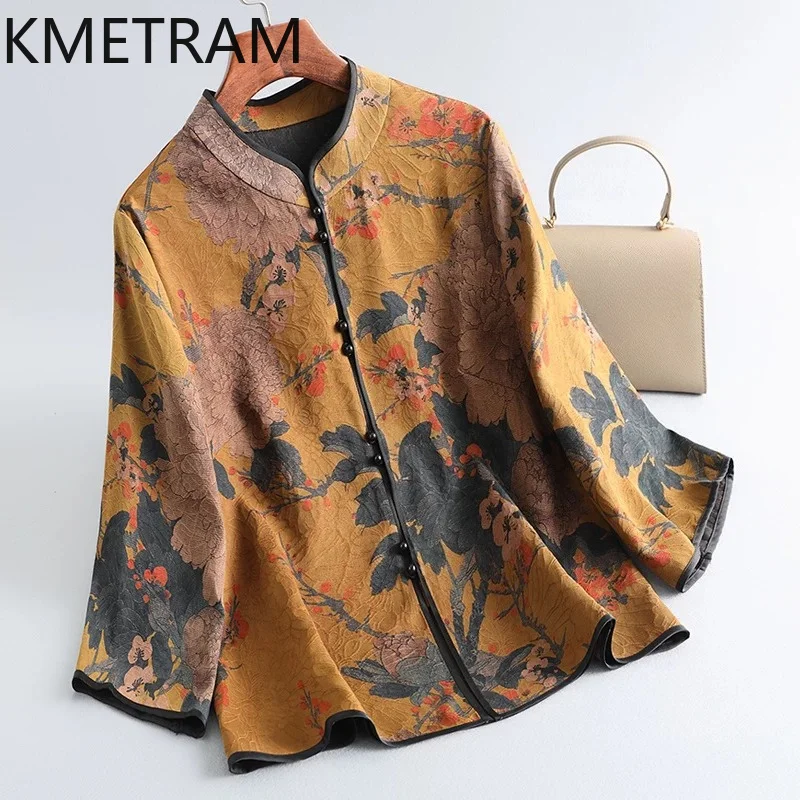 KMETRAM 100% Real Mulberry Silk Top Women 2026 Summer High-end Floral Three Quarter Sleeve Tops Elderly Woman Clothes Ropa Mujer