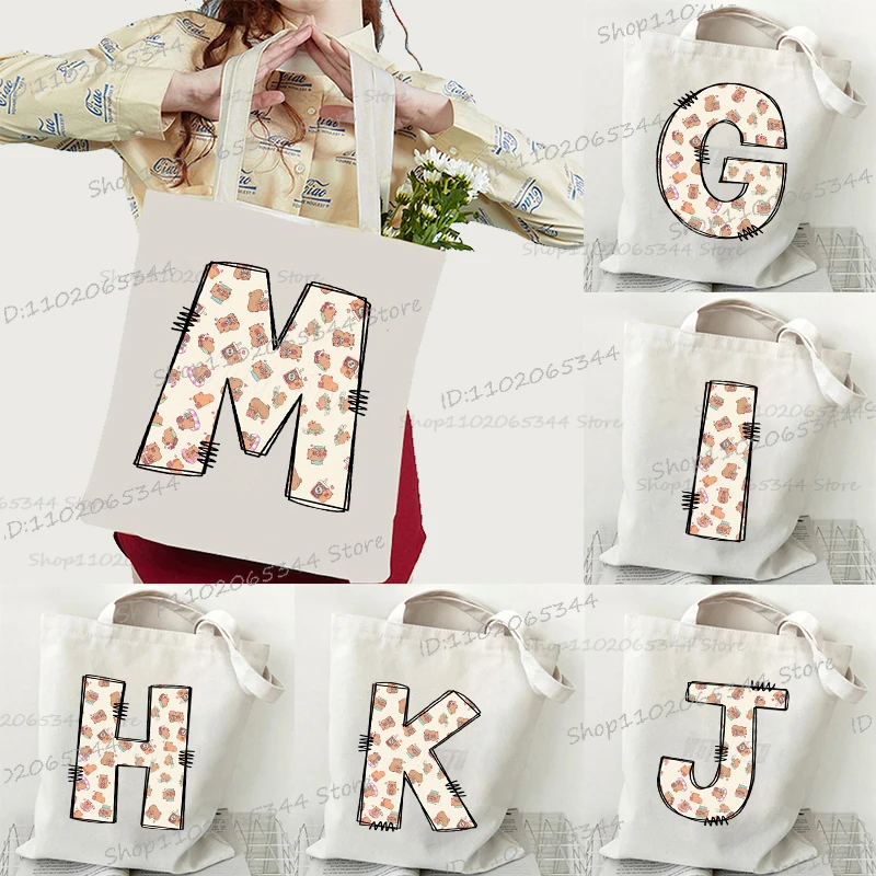 

Y2K Capybara Letter A-Z большая вместительная сумка для женщин с рисунком капибары алфавита холщовая сумка на плечо для девочек студенческие сумки