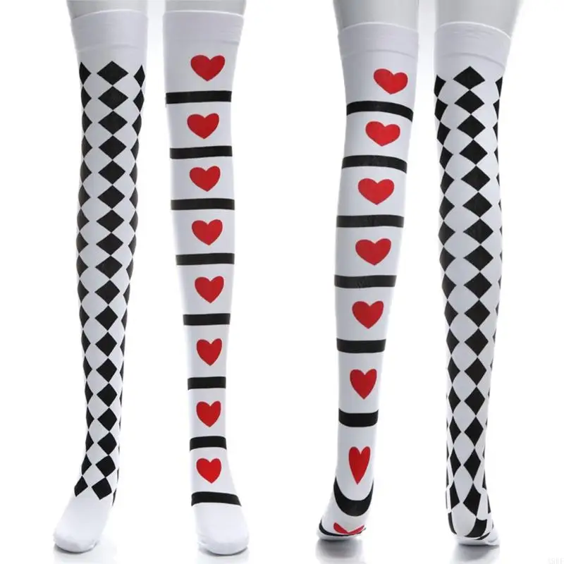 A9BF Card Suit Print Thigh High Stockings Cosplay Costume Long Socks Halloween