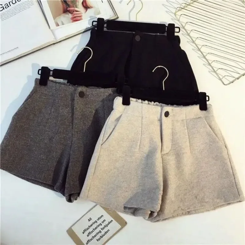 S-4XL Woolen Shorts Women Winter Solid Basic Bottoms Korean Fashion Clothing Office Lady All-match High Waist Streetwear Leisure