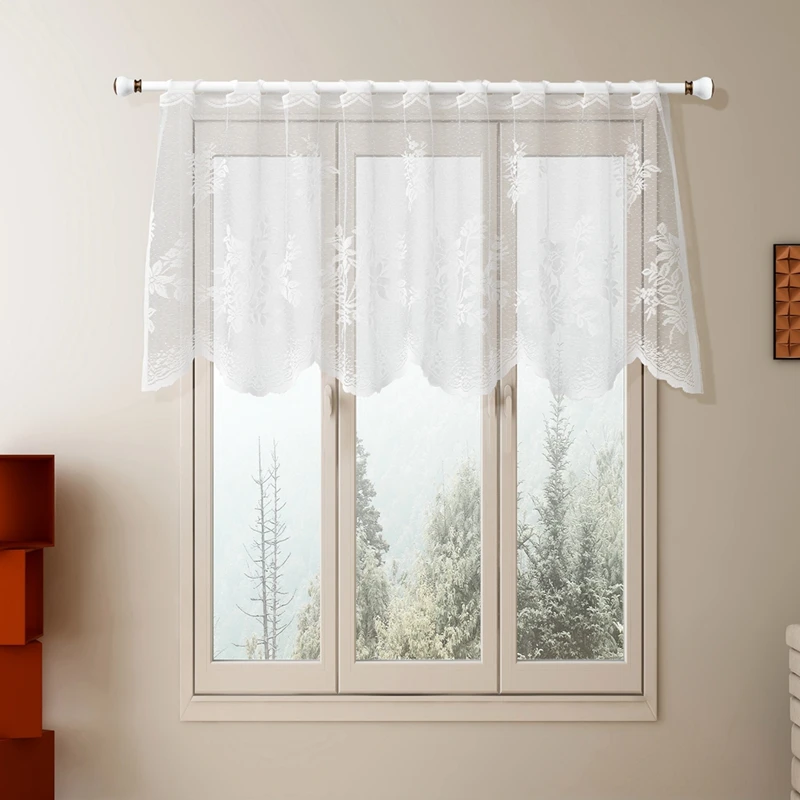 Lace Sheer Curtain 1pc Rod Pocket Kitchen Curtain Tier 4 Sizes White Light Filtering Voile Short Curtain for Bedroom Front Door