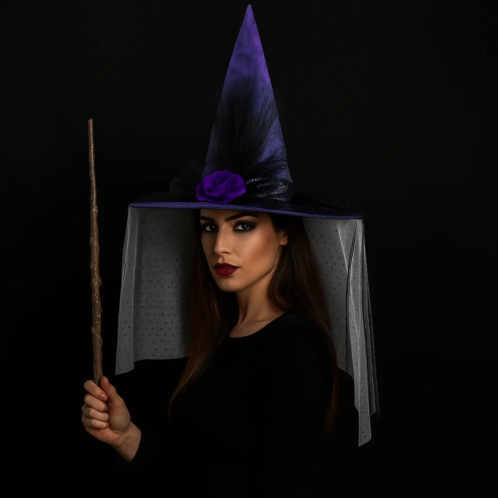 

Punk Purple Mesh Veil Wizard Cap Flower Pendant Halloween Witch Hats Oxford Decoration Scarecrow Patch Witch Hat Accessories