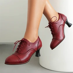 Vintage Low Short Heels Pumps Loafers Shoes Blue Red Black Women's Heeled Lace-up Casual Party Office Shoes Large Size 45 50