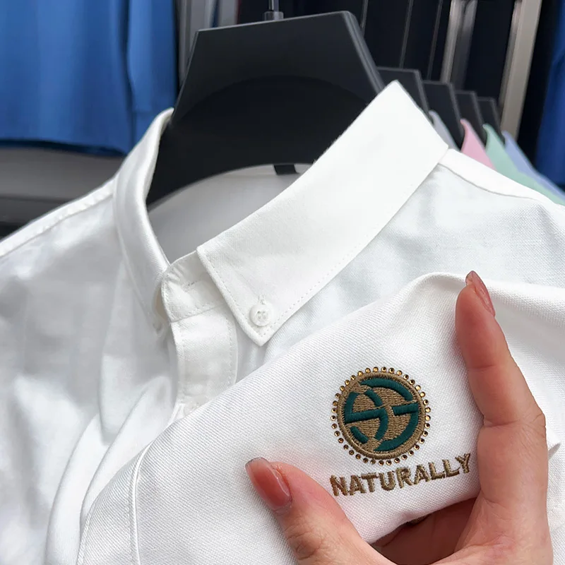 cotton100% men's high quality autumn long sleeves shirt lapel embroidery solid color t-shirt leisure fashion men's clothing tops