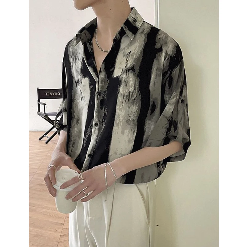 Men\'s Clothing Trend Korean Style Tie Dye Print Harajuku Streetwear Shirt Summer Casual Half Sleeve Loose Tops Y2K Chemise Homme