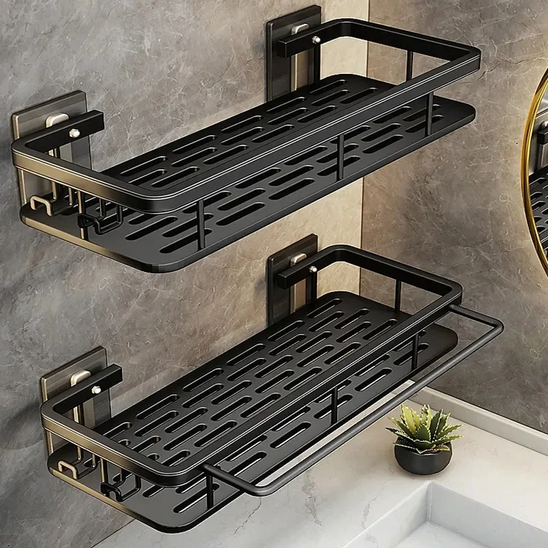 Bathroom Shelves Black Rust-Proof Wall-mounted Non-punching Storage RackToilet Bath Washbasin Wall  Bathroom Racks