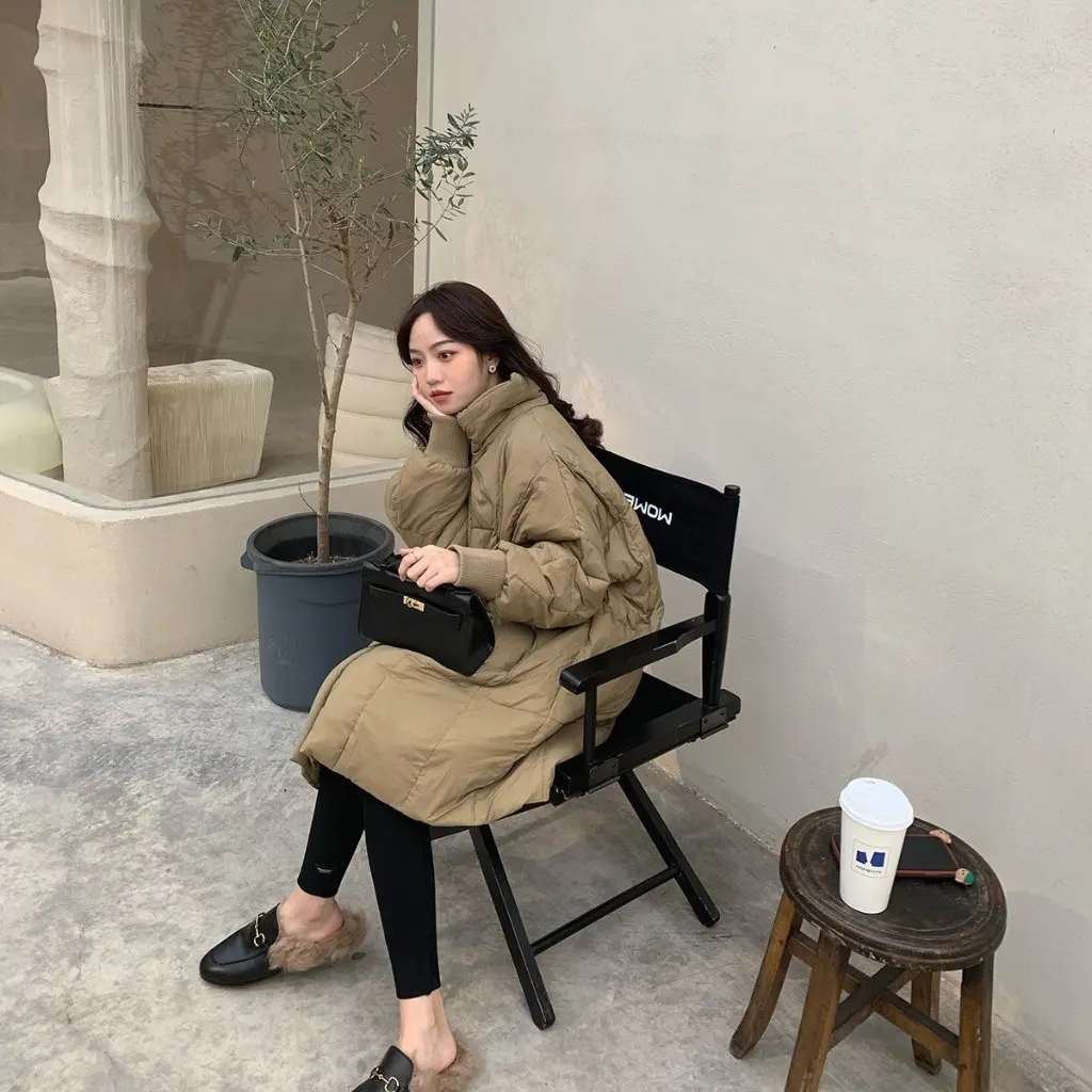 المرأة الشتاء أسفل معطف مبطّن بالقطن حجم كبير ميدي فضفاض الكورية نمط سميكة الرجعية بسيطة العصرية الإفراط في الركبة معطف #4