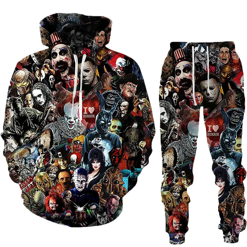 Spring Casual Men's Clothes Can Be Halloween Party Scary Clown 3D Printed Hoodie Pants Men's and Women's Tracksuits