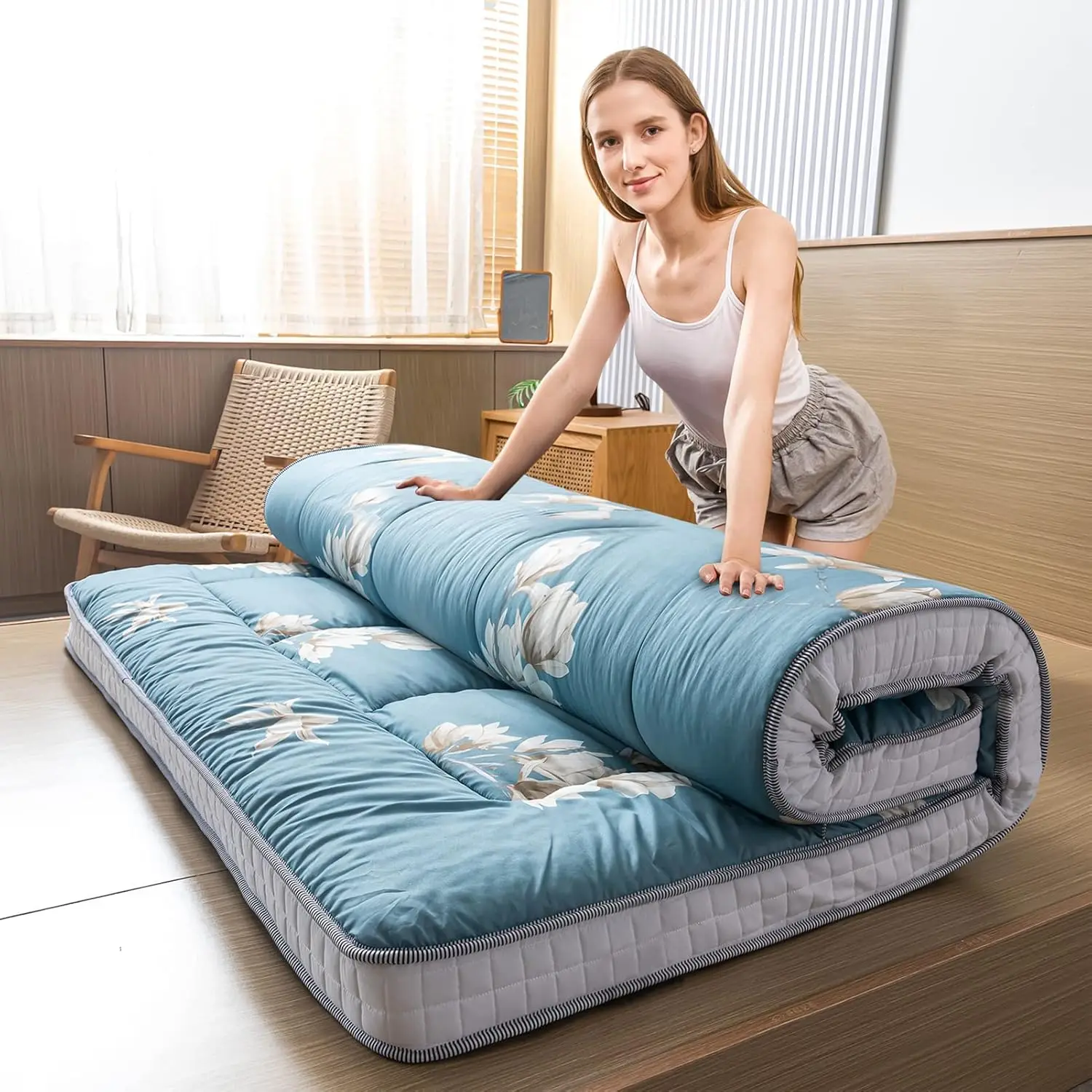 Maxyoyo Floral Printed Futon Mattress, Japanese Floor Mattress Quilted Bed Mattress, Extra Thick Folding Sleeping Pad