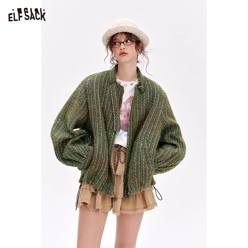 ELFSACK 2025 Spring New Arrivals Vintage Casual Tweed Short Thick Jacket