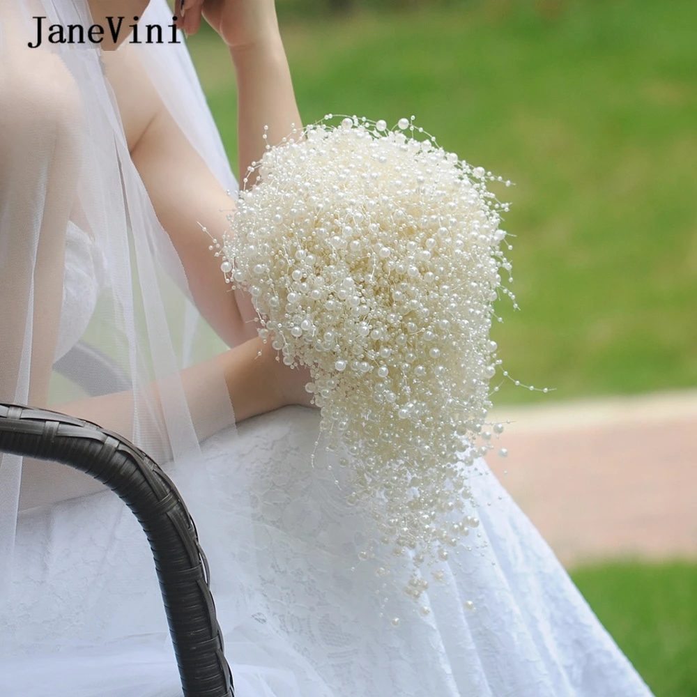 

JaneVini Luxury Full Pearls Waterfall Bridal Bouquets Handmade Wedding Bride Holding Flowers White/Ivory Bouquet Ramos De Novia