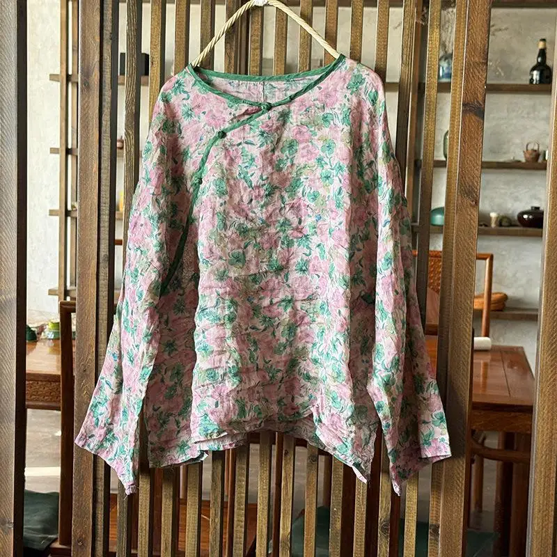 

New Arrival Spring Summer Arts Style Women Long Sleeve O-neck Loose Casual Blouses Vintage Print Thin Ramie Shirt Female Tops