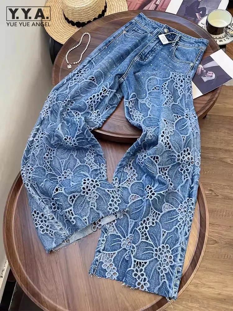 Summer Women Lace Floral Embroidery Wide Leg Denim Pants Spliced Loose Fit High Waist Hollow Out Jeans Streetwear Long Trousers