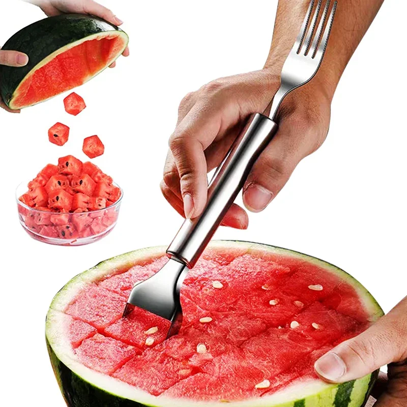 

2-In-1 Watermelon Fork Slicer Watermelon Slicer Cutter Stainless Steel Fruit Fork Fruits Tools for Kitchen Family Party Camping