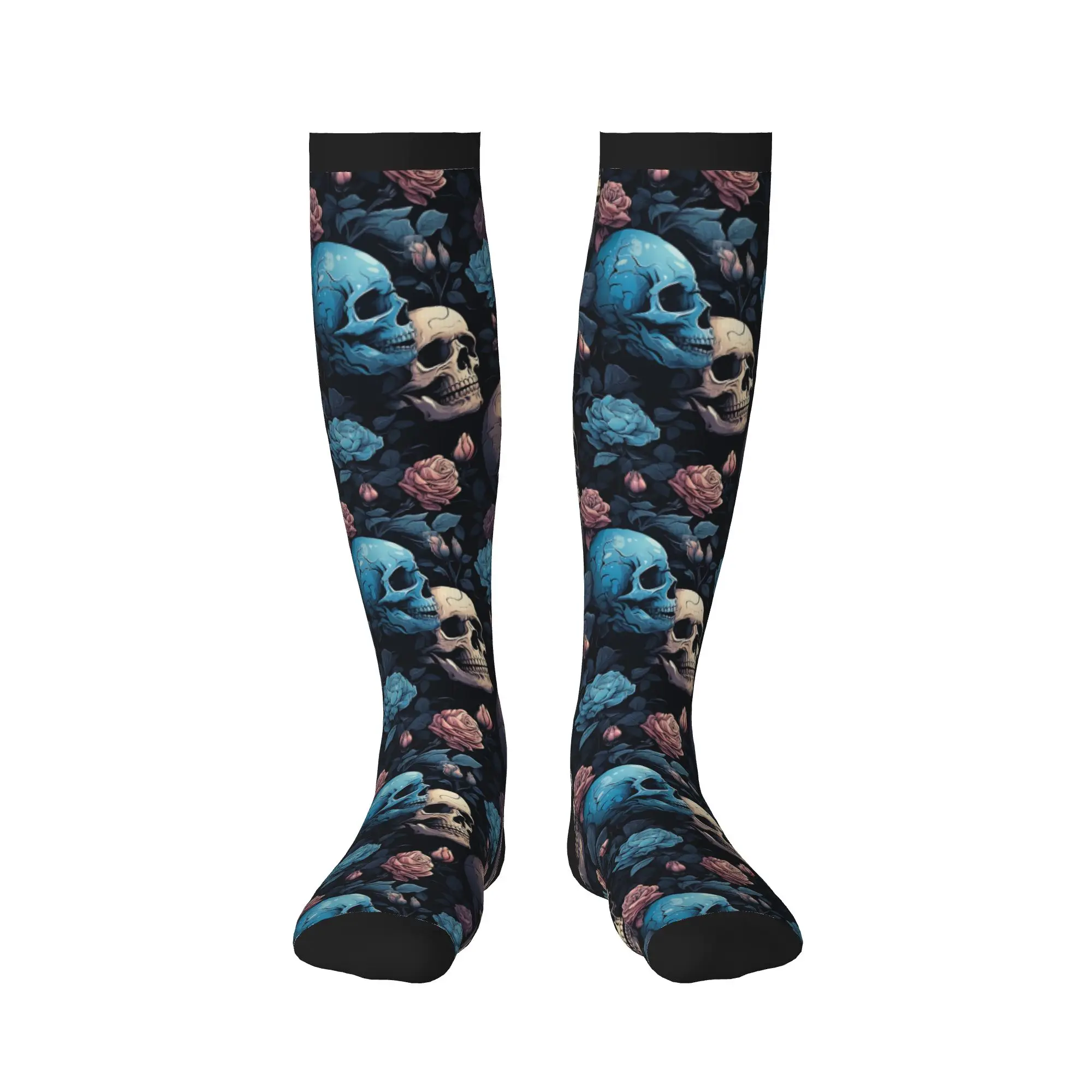 Novelty Printed Gothic Skeleton Skull Floral Socks for Women Men Stretchy Summer Autumn Winter  Sports Compression Socks