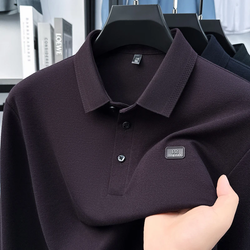 

Дизайнерская качественная мужская рубашка-поло с лацканами и длинным рукавом, осенняя новинка, однотонная, изысканный принт, модная деловая мужская одежда, топ