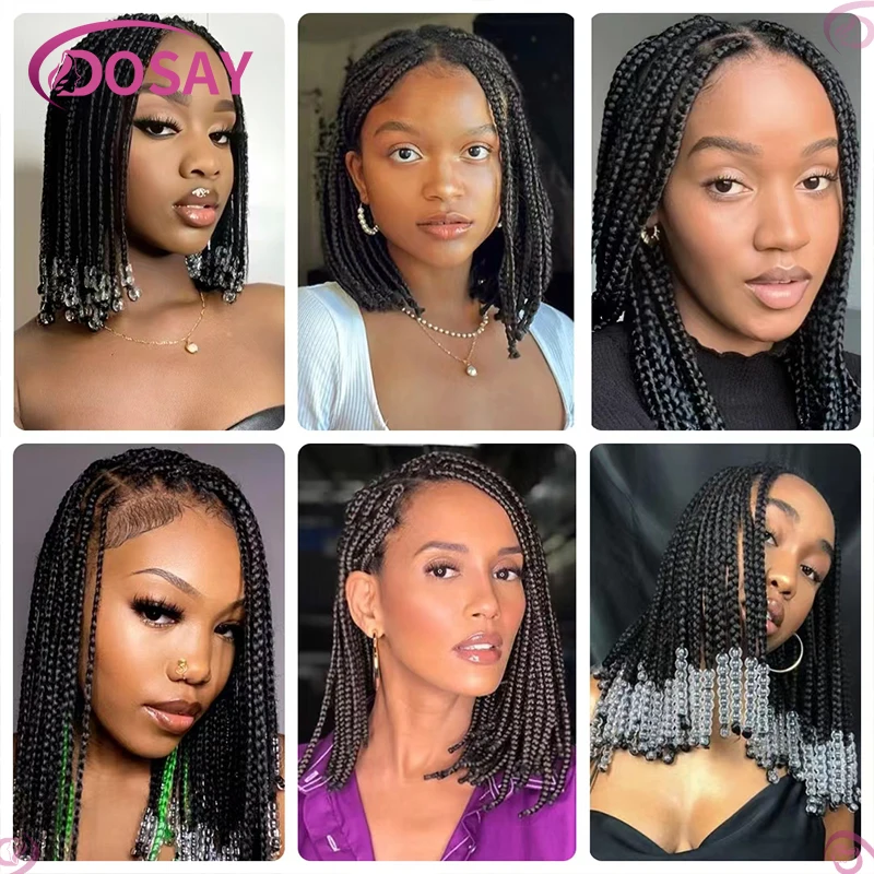 Perucas trançadas sintéticas do Bob curto para mulheres negras, trançado sem nós da caixa, laço cheio, cabelo das tranças, perucas encaracoladas africanas, 10"