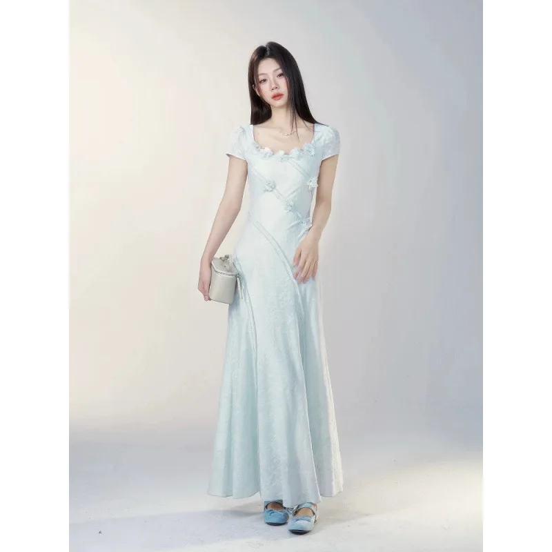 Verão novo design doce longo dr emagrecimento cintura gola quadrada ort sve estampa floral ele sle feminino dr