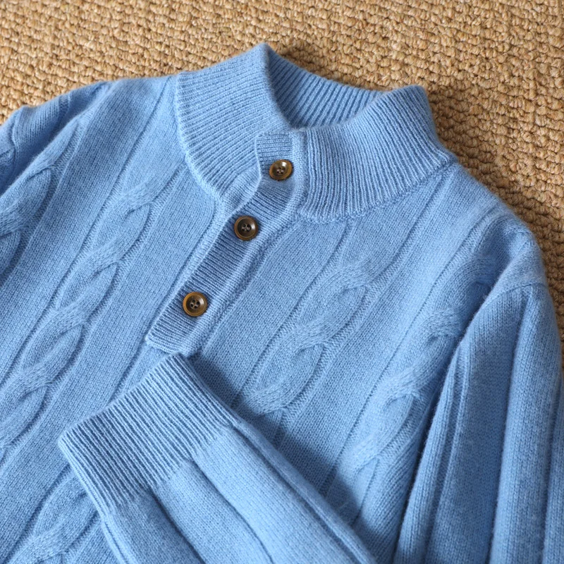 DjzDsm Autunno Inverno Maglione da uomo Collo a lupetto Pullover 100% lana merino Maglieria Bottone Mezza aperta Fiore intrecciato Nuovi top alla moda