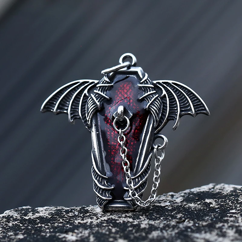 Gothic 316L Stainless Steel Coffin With Bat Pendant Necklace For Teens Punk Biker Darkly Jewelry Couple Gift Freeshipping