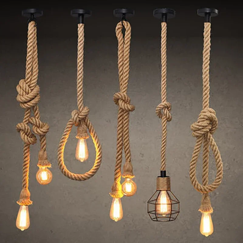 

Vintage Hemp Rope Pendant Light Retro Loft Industrial Hanging Lamp Edison LED for Living Room Kitchen Home Light Fixtures Decor