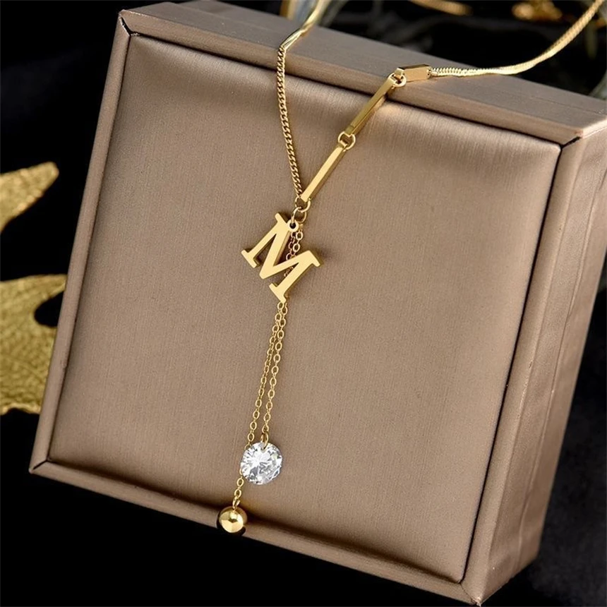 316L Stainless Steel Elegant Sexy Letter M Zircon Tassels Pendant Charm Chain Necklace For Women Fashion Fine Jewelry Party Gift