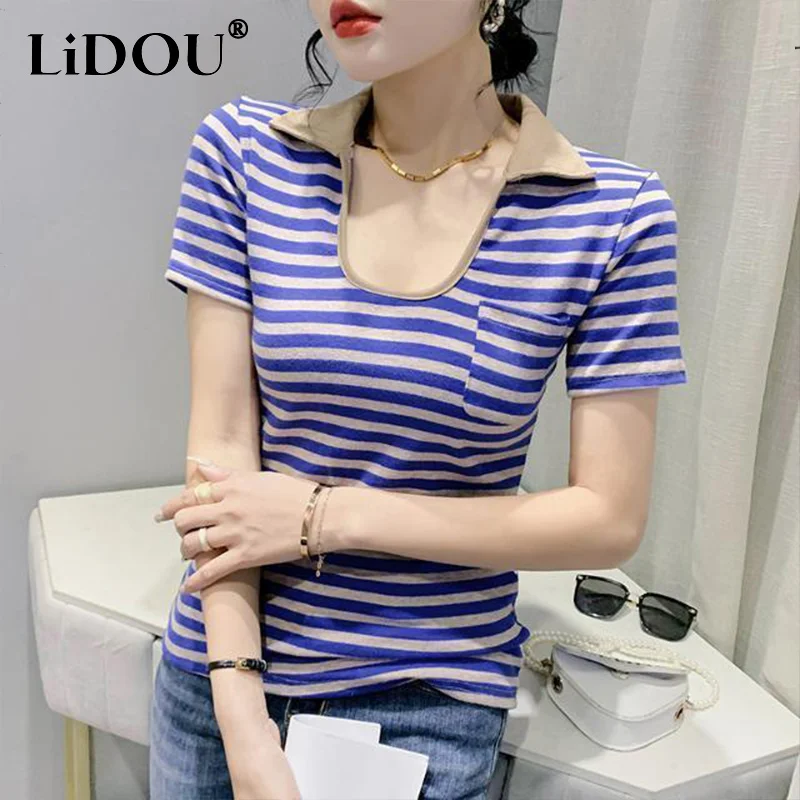 2023 New Korean Fashion Vintage Y2k Aesthetic Sweet Elegant Grace Neat Capable T-shirt Stripe Square Collar Short-sleeve Top