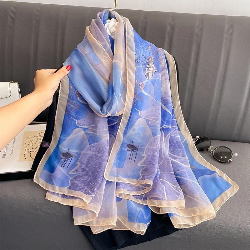 New Fashion Pink Silk Scarf Soft Stoles Women Summer Hijab Scarf Luxury Print Sunscreen Shawl Wraps Bandana Ladies Head Scarves