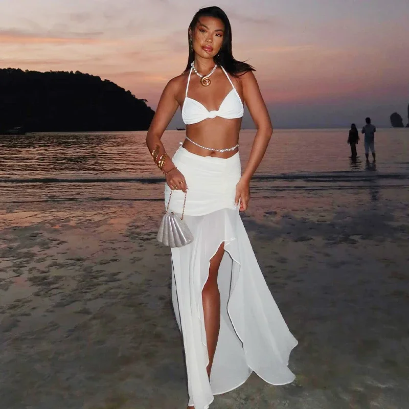 

Women Fashion 2 Pcs Sets Halter Solid Lace Up Sexy Crop Camis Draped Slit Maxi Skirt Summer Outfits Beach Vacation Club