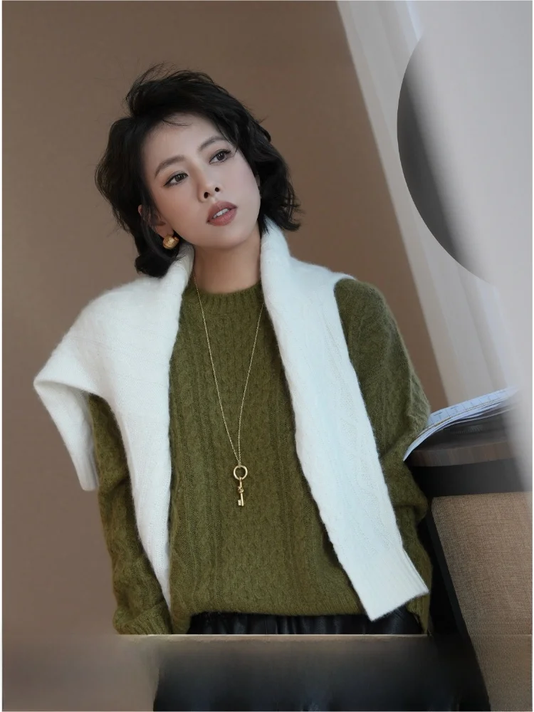 

Cloud Olive Lazy Retro 3D Twist Woolen Long Sleeve round Neck Sweater Comfortable Loose Fit Women's Knittedwear for Winter