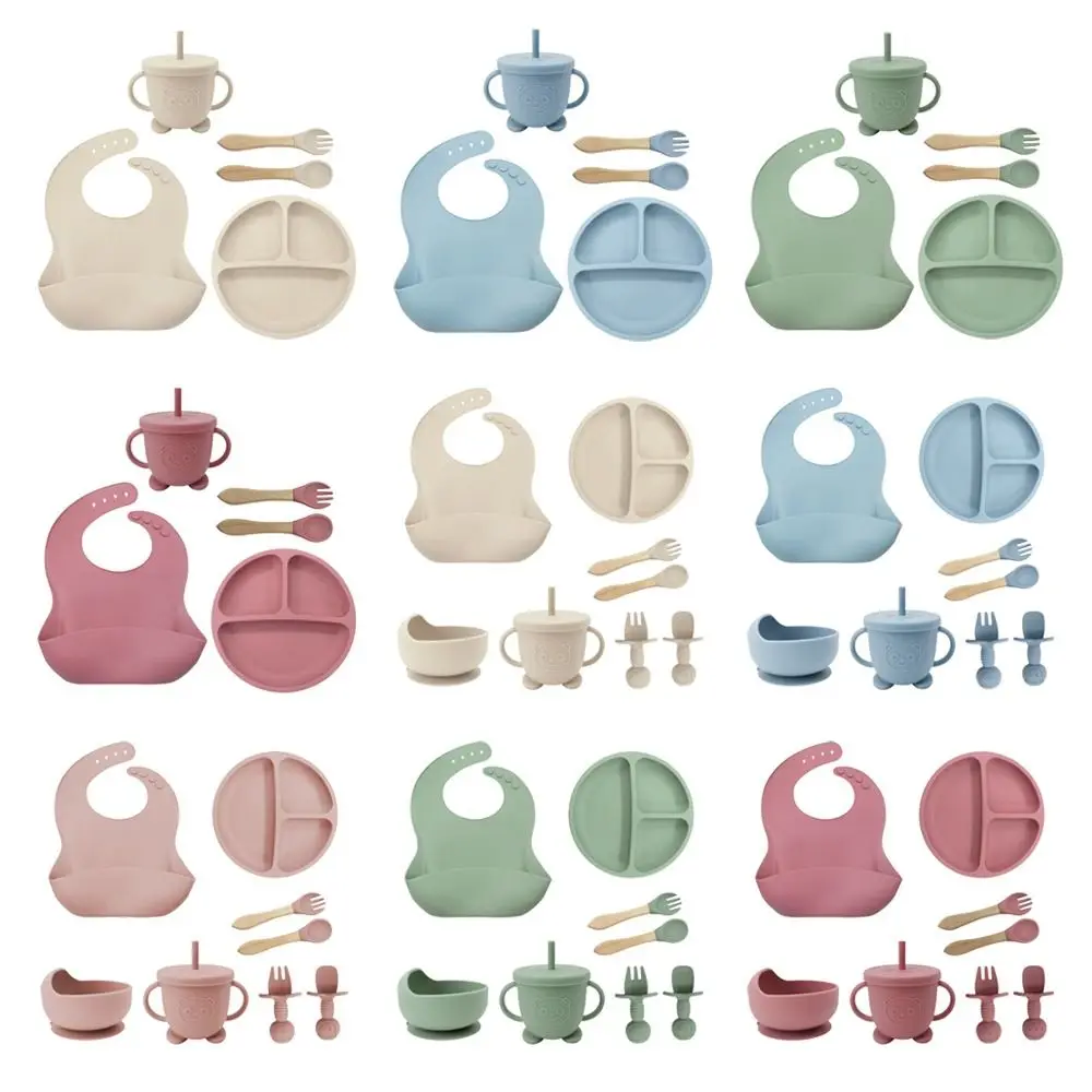 

8/5Pcs Food Grade Silicone Children's Rice Bowl Set with Spoon Straw Cup Toddler Dishes Bibs Suction Cup Design Tableware