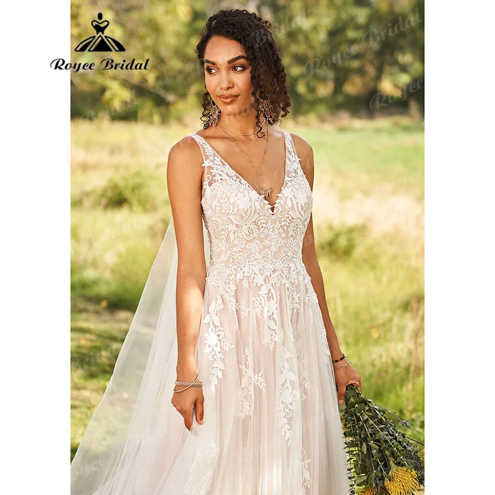 Roycebridal رقبة V أحمر خدود وردي A خط بوهو فستان الزفاف مع الحجاب الدانتيل زينة 2023 زي العرائس سويب تراين abito da sposa