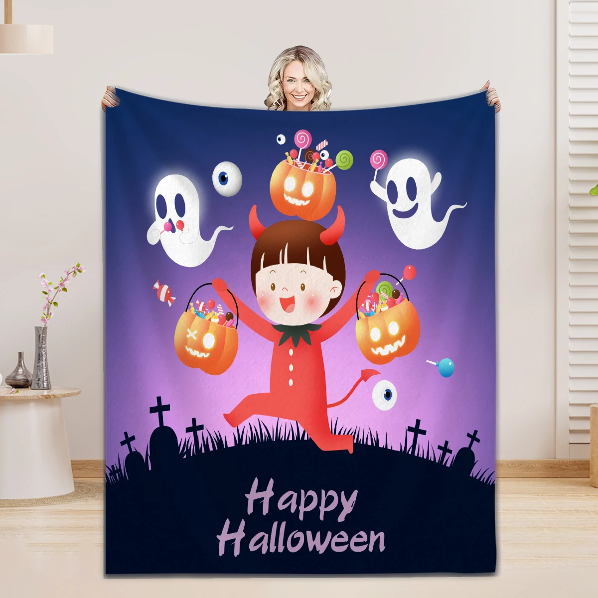 

Happy Halloween Blanket Flannel Blanket Warm Soft Skin-Friendly Camping Home Fluffy Soft Blankets Halloween Decor Gifts