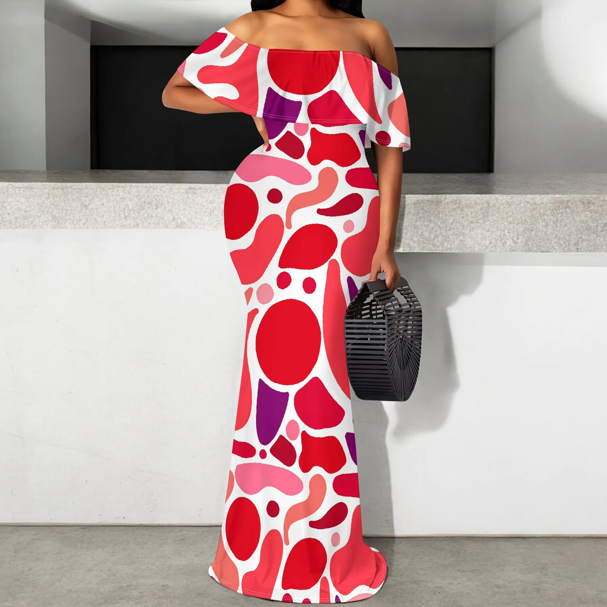 

Abstract Geometric Print Maxi Dress Off Shoulder Summer Party Dress S-3XL