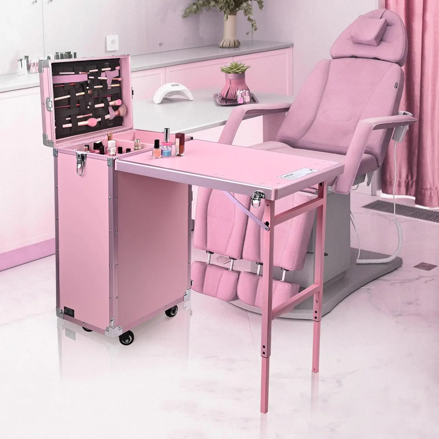 Rolling Manicure Table Foldable Nail Table Makeup Train Case with Desk Cosmetic Trolley Travel Storage Organizer with Drawers Mi