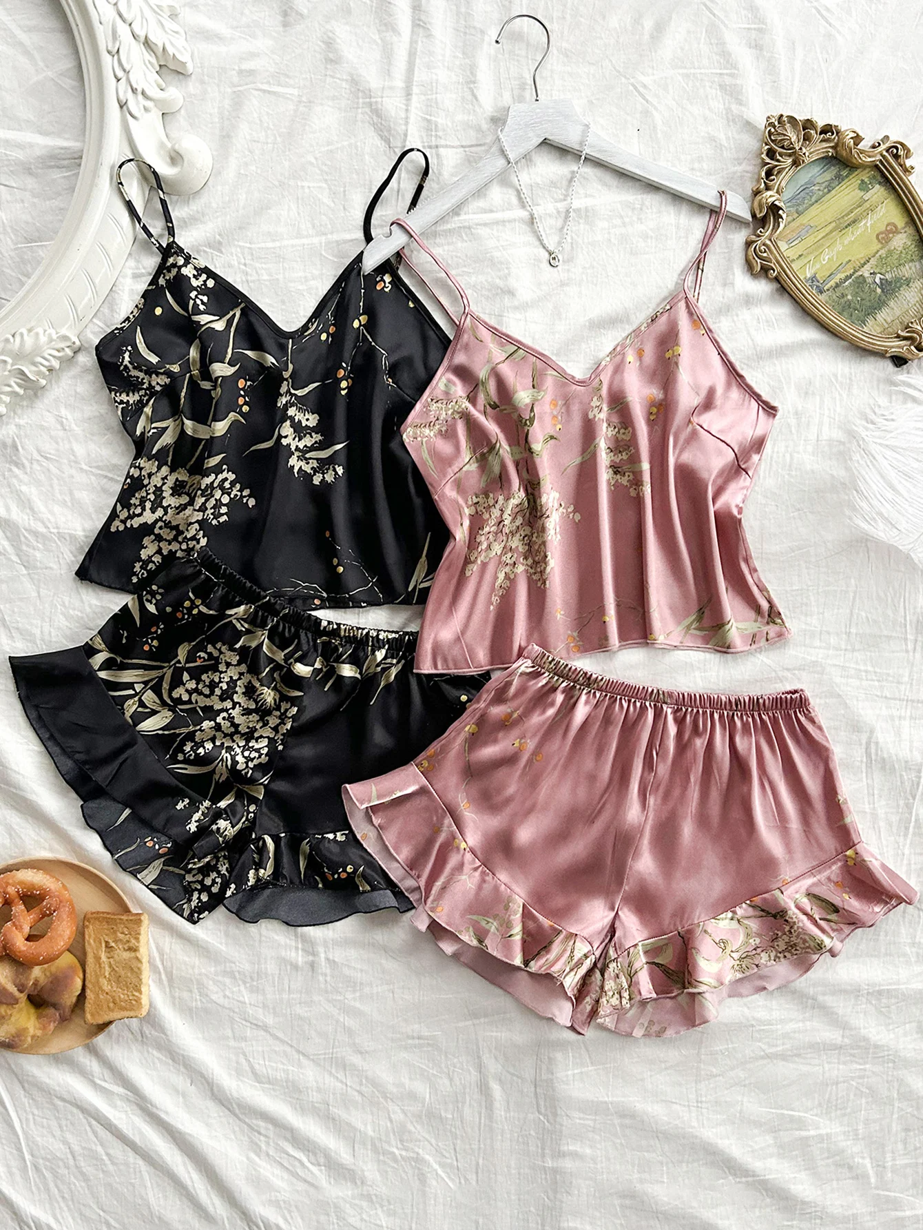 

Pajama women summer casual breathable nightdress halter shorts two-piece printed simple home wear
