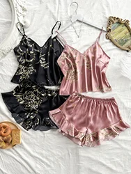 Pajama women summer casual breathable nightdress halter shorts two-piece printed simple home wear