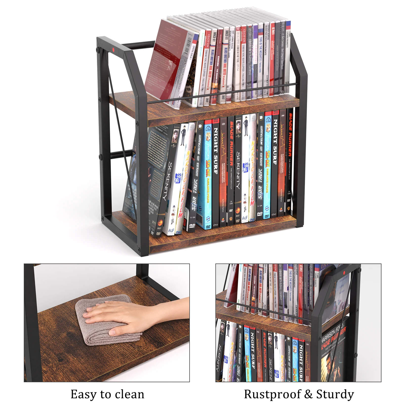 Double Layer Iron-Wood CD+DVD Storage Rack Multi-Tier Display Stand for CD Disc Albums Duty Media Organizer Shelf for Home Offic