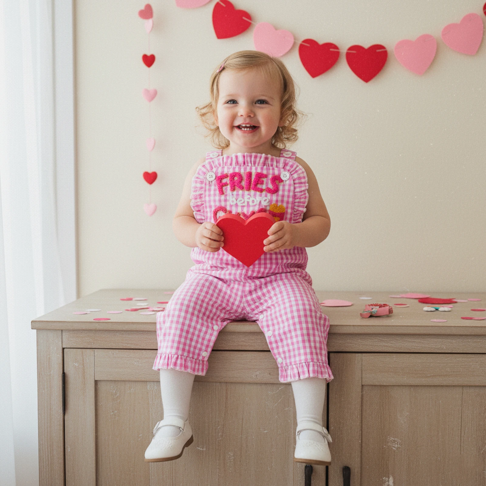 

Suefunskry Infant Baby Girl Valentine's Day Jumpsuit Cute Letters Embroidery Sleeveless Ruffle Trim Decor Plaid Overalls Pants