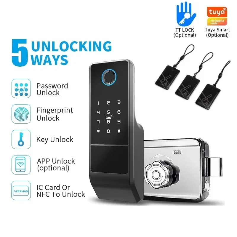 Fingerprint Gate Lock Tuya Wifi Outdoor TTlock Smart Door Lock Digital IC Card Rim Electronic Door Lock Suitable for Home Garden