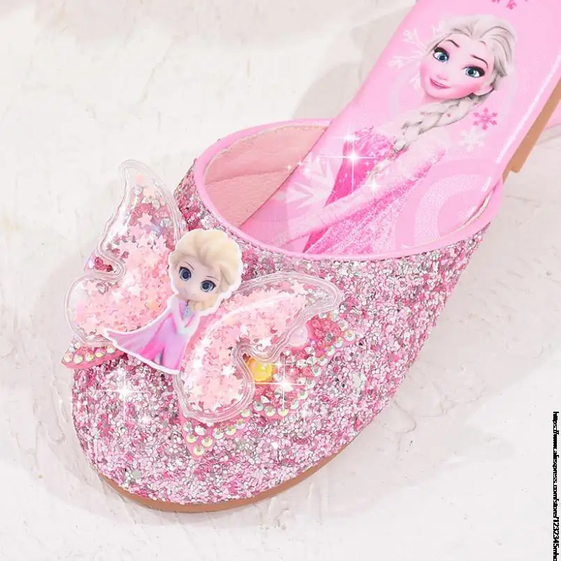 Disney Girls Shoes Butterfly Knot Frozen Elsa scarpe di cristallo lucido con tacco piatto pantofole in pelle per bambini scarpe singole per bambini