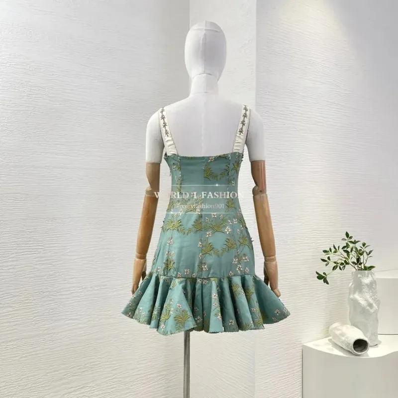 グリーンの花柄刺繍ノースリーブプリーツマーメイドフィッシュテールミニドレス2025リネン