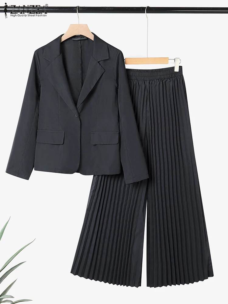 

ZANZEA, осенняя офисная одежда, женские комплекты из 2 предметов, элегантный пиджак с длинными рукавами, широкие плиссированные брюки, костюм, мусульманские спортивные костюмы 2025