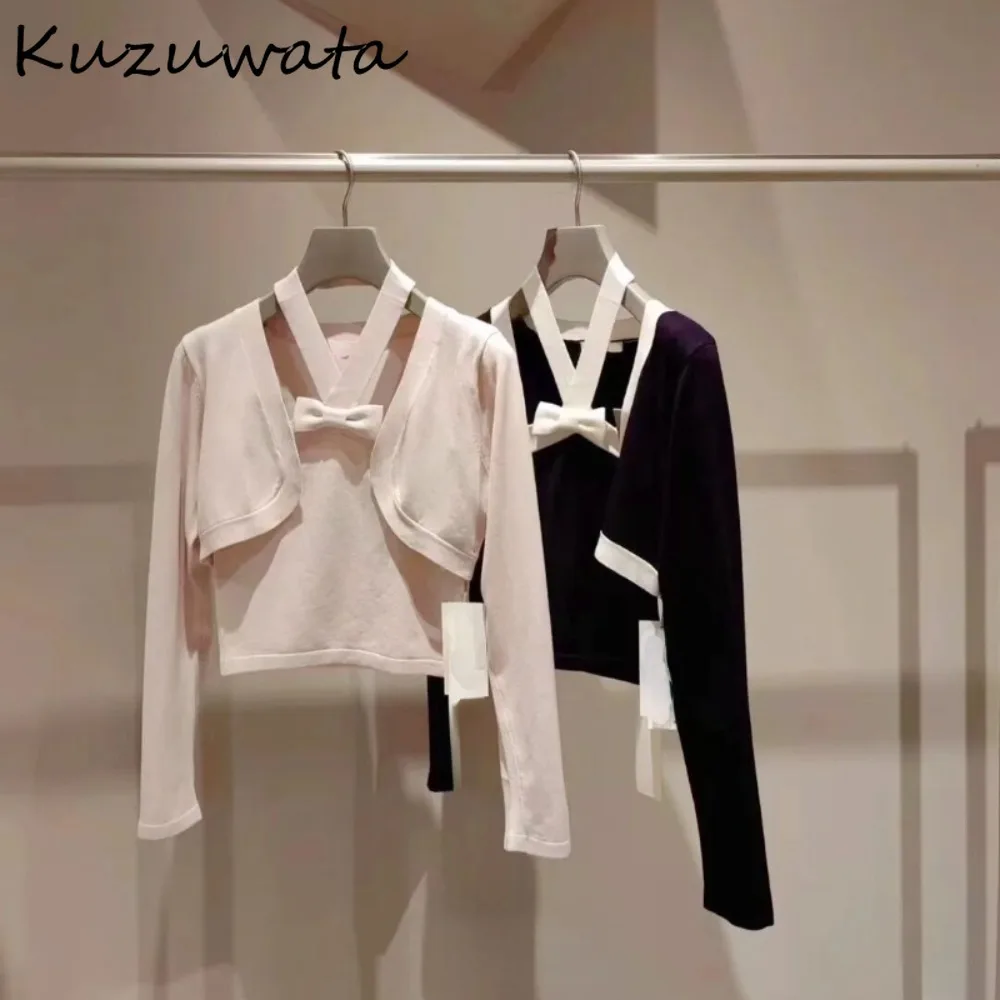 Kuzuwata Sweet Panelled Knit Sets Mujer Cardigan Fresh Bow Halter Slim Fit Casual Sling Japan New All-match Elegant Suits Tops