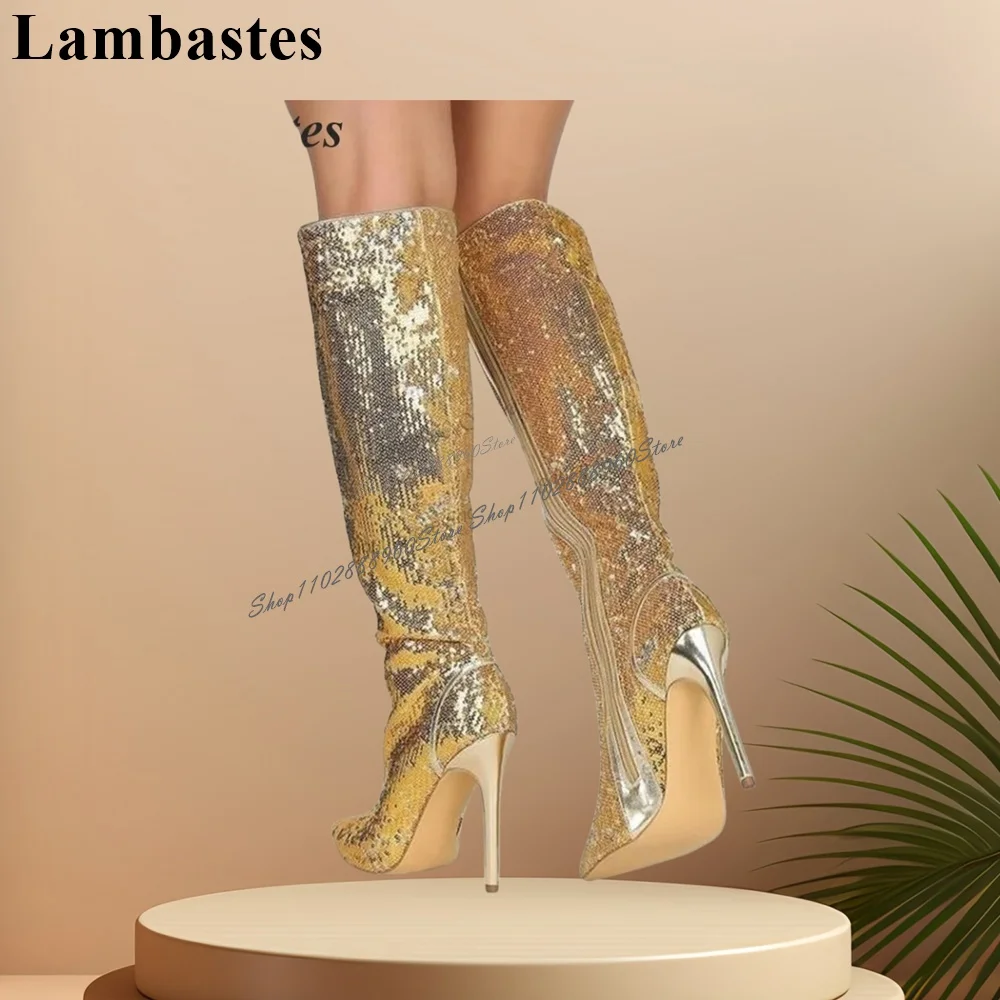 Graceful Knee High Golden Glitter Decor Boots Stilettos High Heel Shoes For Women Side Zipper Pointed Toe 2023 Zapatillas Mujer