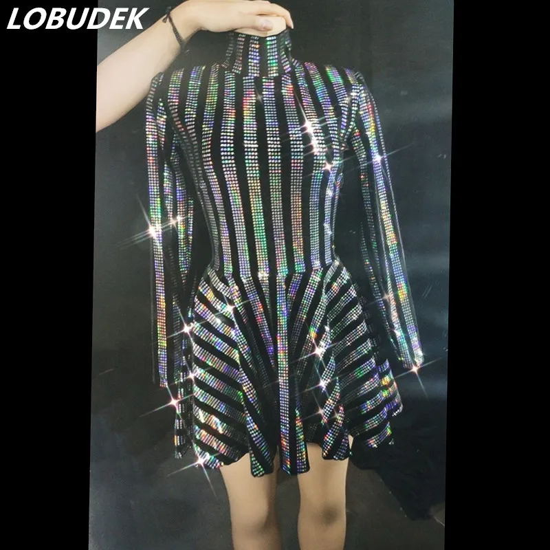 

Sparkly Multi-color Sequin Black Velvet Stripe Short Dress Women Singer Dancer Sexy Stage Wear Party Performance Dance Costume