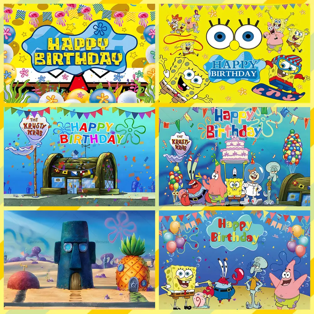 

Cartoon Cute Spongebob SquarePants Background Custom Pineapple House Kid Birthday Party Room Photography Backdrop Decor Poster
